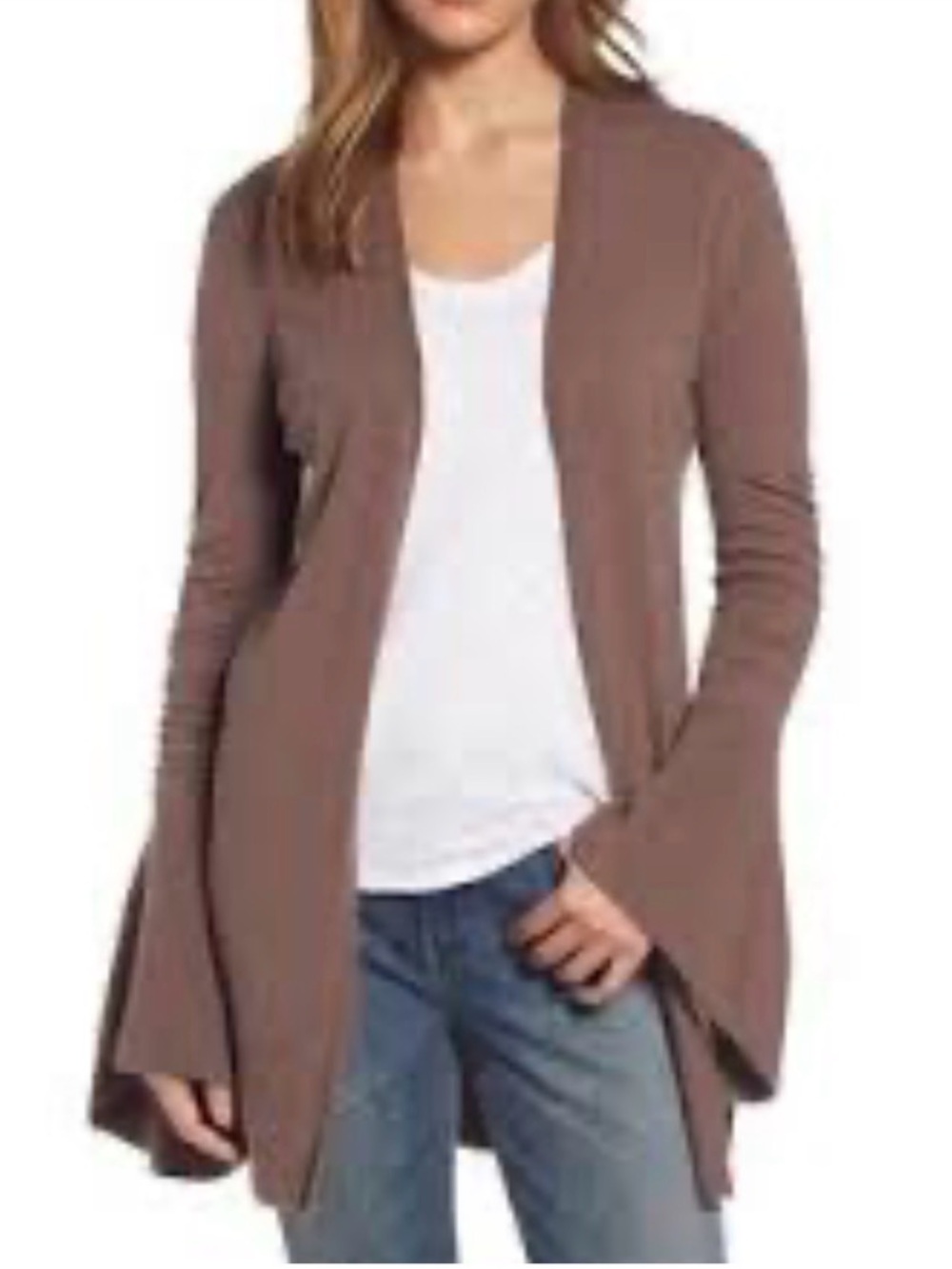 Hinge Cocoa Brown Taupe Ruched Trumpet Sleeve Open Cardigan XS